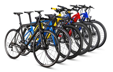 row of various modern bicycle and e bike isolated white background. racing road cycle mountain bike online shop business concept.