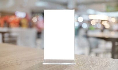 Menu frame standing on wood table in Bar restaurant cafe. space for text marketing promotion.
