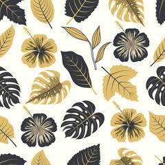 Seamless pattern of botanical floral tropical flowers and leaves vector illustration