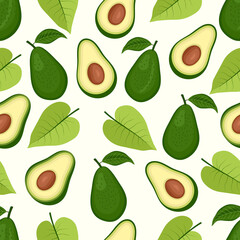 Seamless pattern of avocado fruits with tropical leaves and slices vector illustration