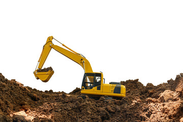 Fototapeta na wymiar Excavator loader is digging in the construction site work with bucket lift up on white background