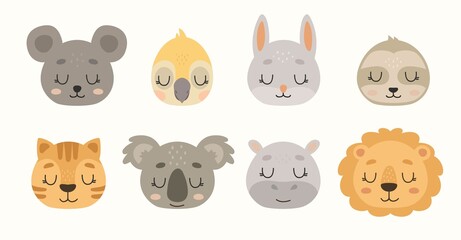 Cartoon avatar of the cute wild animal head collection. Childish characters portrait isolated on white background.  Cartoon zoo. Lion, parrot, mouse, koala, sloth, rabbit, tiger, hippo