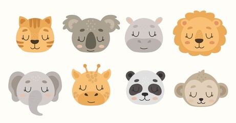 Collection of hand drawn vector animal head. Wildlife set. Lion, panda, koala, tiger, monkey, hippo, elephant, giraffe. Cute zoo face. Safari animal portraits. Scandinavian style vector illustrations.