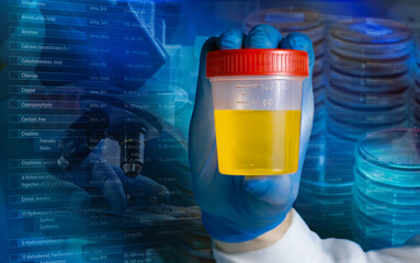 doctor holding urine container test in laboratory for analysis in urine chemistry. biochemist with...