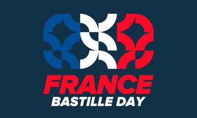 Bastille Day in France. National happy holiday, celebrated annual in July 14. French flag. France independence and freedom. Patriotic elements. Festive design. Vector poster illustration