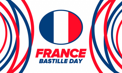 Bastille Day in France. National happy holiday, celebrated annual in July 14. French flag. France independence and freedom. Patriotic elements. Festive design. Vector poster illustration