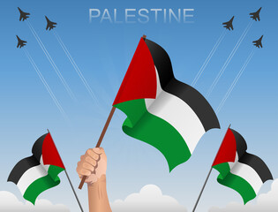 Palestine flags flying under the blue sky 