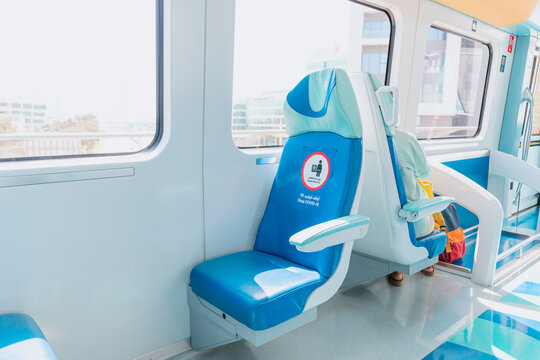 Restrictions and prohibitions in a metro train car during the outbreak of the covid-19 coronavirus pandemic in Dubai and the United Arab Emirates