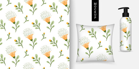 Floral seamless pattern. Beautiful botanical background. Vector illustration. Modern ornament with blooming flowers. Repeating texture. Design paper, wallpaper, fabric. Mockup.