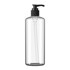 Realistic Cosmetic Glass, Transparent Plastic Pump Bottle with Black Lid can sprayer container. Dispenser for cream, soups, and other cosmetics. Mock up for brand template.