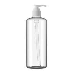 Realistic Cosmetic Glass, Transparent Plastic Pump Bottle with White Lid can sprayer container. Dispenser for cream, soups, and other cosmetics. Mock up for brand template.