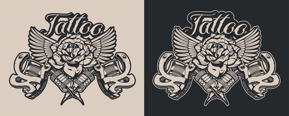 Black and white Illustrations tattoo machines with rose and wings in vintage style. Perfectly for posters, T shirt design, fabric print, and many other uses. Text in a separate group