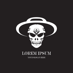 simple monochrome logo skull head with cowboy hat