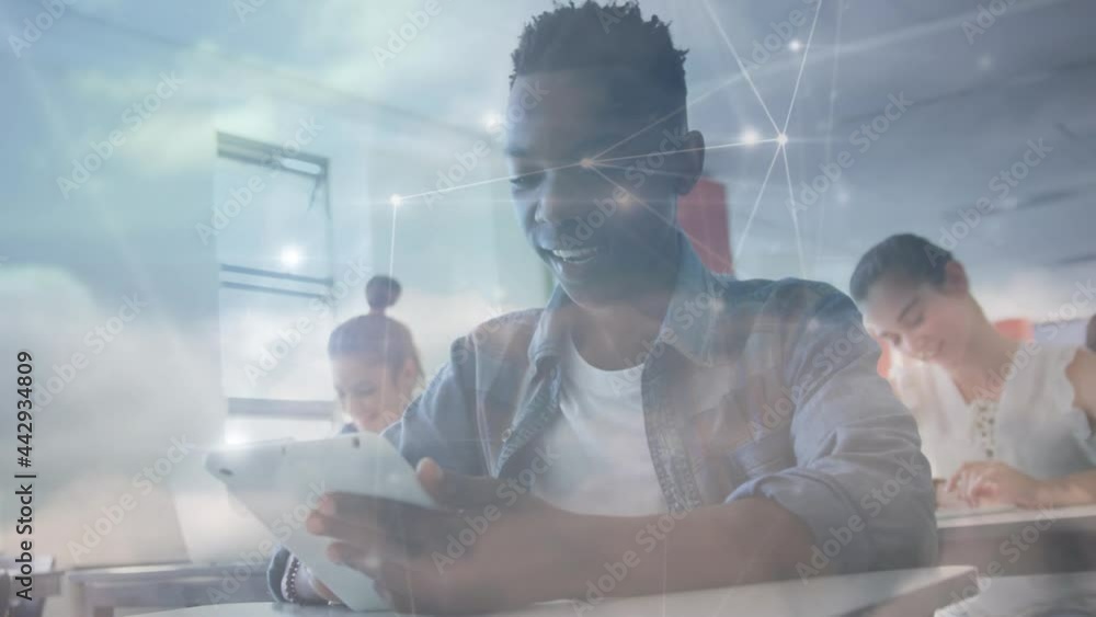 Poster animation of networks of connections over student using tablet