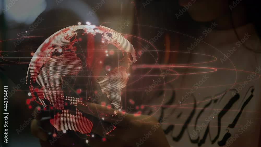 Poster animation of globe and networks of connections over female student using tablet