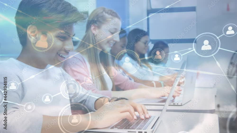 Poster animation of networks of connections with icons over school children using laptops