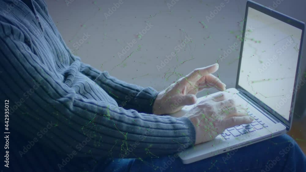 Poster animation of networks of connections over man using laptop