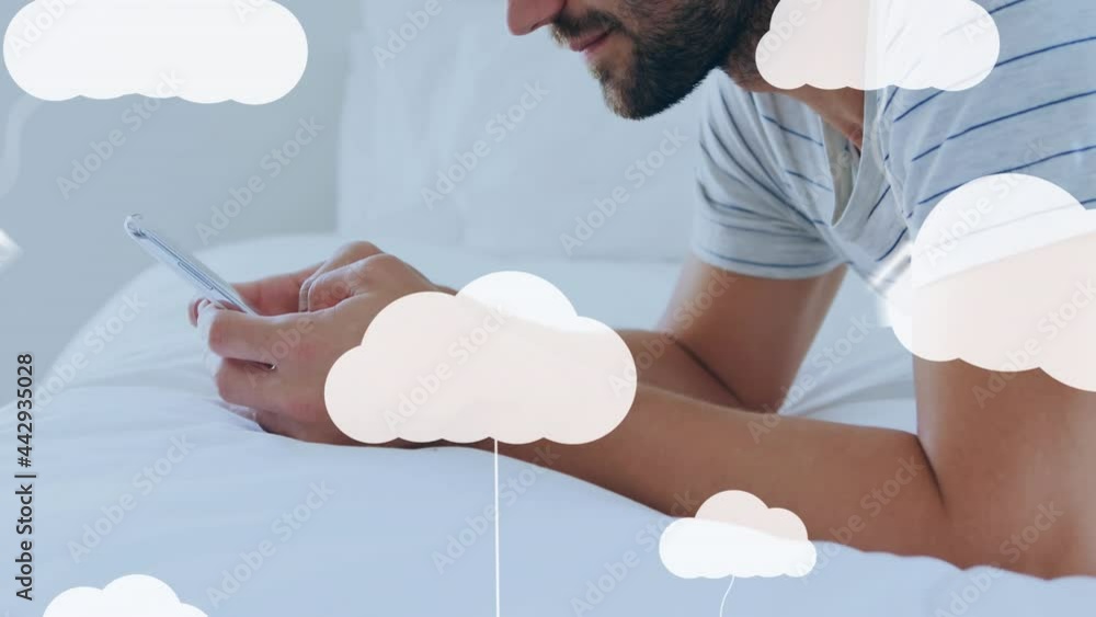 Poster animation of clouds and digital icons over man using smartphone