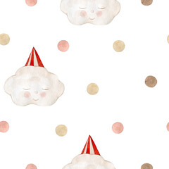 Watercolor seamless pattern polka dot pink brown and cloud. Isolated on white background. Hand drawn clipart. Perfect for card, postcard, tags, invitation, printing, wrapping, fabric.