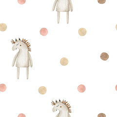 Watercolor seamless pattern polka dot pink brown and toy horse. Isolated on white background. Hand drawn clipart. Perfect for card, postcard, tags, invitation, printing, wrapping.