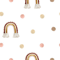 Watercolor seamless pattern polka dot pink brown and toy rainbow. Isolated on white background. Hand drawn clipart. Perfect for card, postcard, tags, invitation, printing, wrapping.