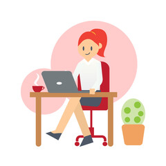 Female employee sitting at desk and working on laptop computer at office Vector flat  illustration
