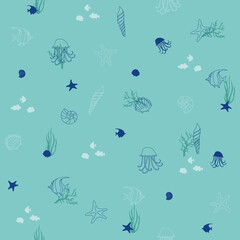 Vector cute marine life doodle seamless pattern. Beautiful vector design
