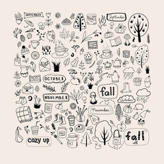 Autumn set, hand drawn elements- calligraphy, fall leaves, forest animals, wreaths, and other. Perfect for web, card, poster, cover, tag, invitation, sticker kit. Vector illustration

