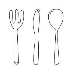  Spoon, knife and fork. Kitchen tools icon set. Line art doodle style.