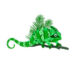 A cute funny green chameleon sits on a branch. Palm branch. Isolated on white background Cardboard style. Concept. Vector illustration