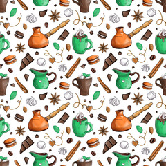 Coffee pot, milk jug, cappuccino, latte, cinnamon, macaroon. Seamless pattern with hand-drawn element for cafe. Sketch white background with sweet and aroma element. 