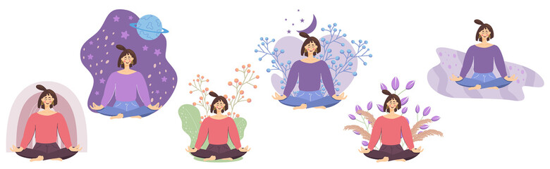 Set of concepts with meditating girls in the lotus position. A woman relaxes, gets good health and moods, girls flowers, space, with rainbow. Vector illustration in flat style.