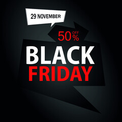 50% off on Black Friday. Black banner with fifty percent off promotion for november.