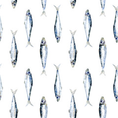 Watercolor sardine pattern - obrazy, fototapety, plakaty