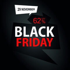 62% off on Black Friday. Black banner with sixty-two percent off promotion for november.