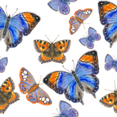 Fototapeta na wymiar Bright butterflies seamless pattern watercolor