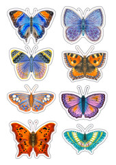 Fototapeta na wymiar Set of 8 stickers with butterflies watercolor