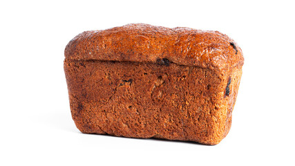 Black, rye bread with dried fruit on a white background.