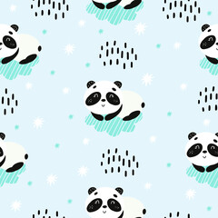 Seamless pattern with a sleeping panda on a cloud. Vector illustration with pandas for the design of children's clothing, fabrics, towels. A cute bear is sleeping on a cloud. 