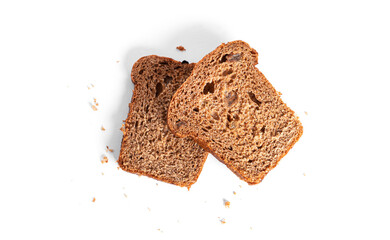 Fototapeta na wymiar Black, rye bread with dried fruit on a white background.