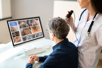 Hair Scalp Analysis In Clinic. Man With Hair Fall