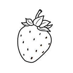 Sketch a strawberry berry on a white background with a black line. For menus, postcards, design, poster, cover, booklet, flyer, design, background, graphic element, decoration, prints, stickers, logos