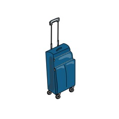 Illustration of a travel blue suitcase with a long handle for travel on a white background. For leaflets, postcards, posters, advertising, presentations