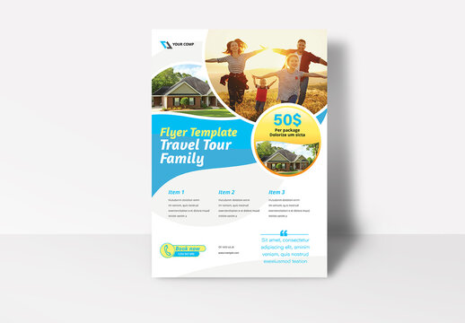 Travel Flyer Layout with Blue and Yellow Accents