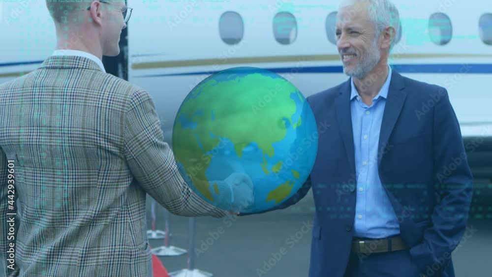 Poster animation of globe and data processing over handshake