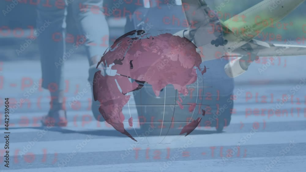 Poster animation of globe and data processing over airport and traveler