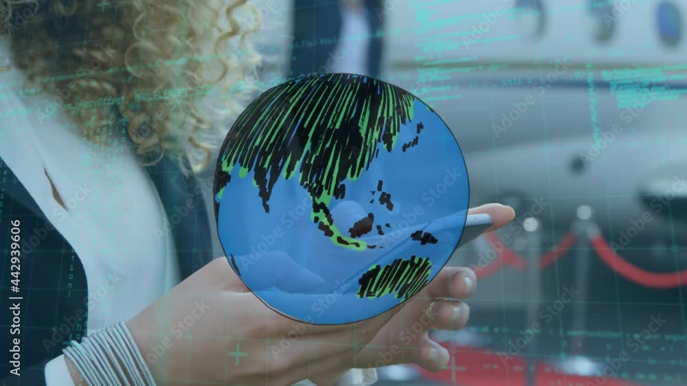 Poster animation of globe and data processing over woman using smartphone