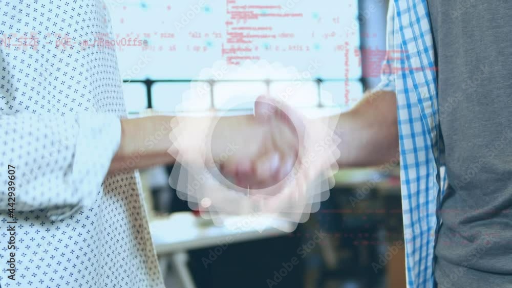 Poster Animation of globe and data processing over handshake