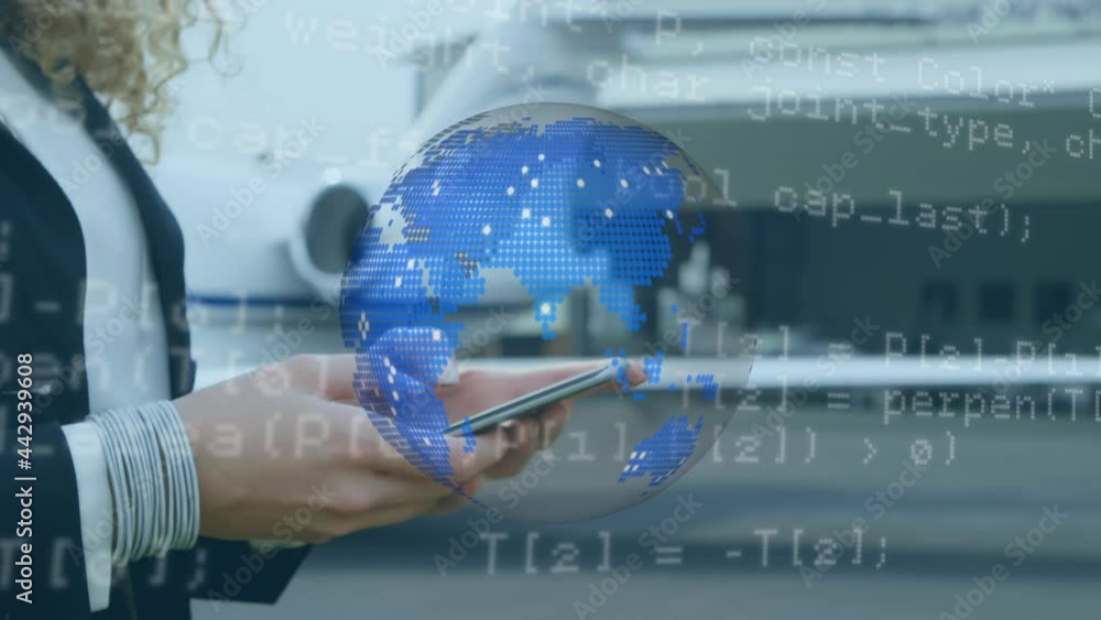 Poster animation of rotating globe and data processing, over businessman using smartphone beside aeroplane