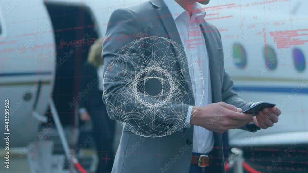 Poster animation of rotating white shape and data, over businessman using smartphone beside plane